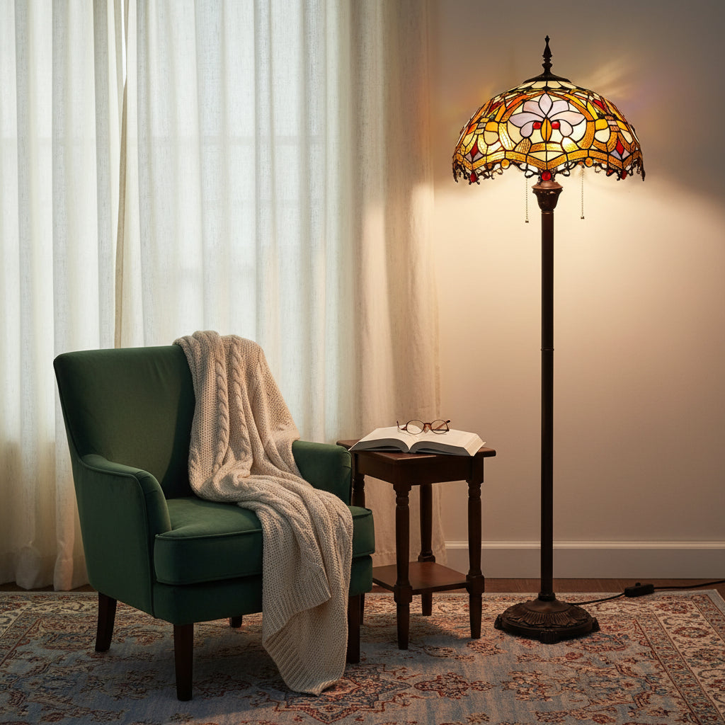Vintage Tiffany Floor Lamp in Floral Stained Glass