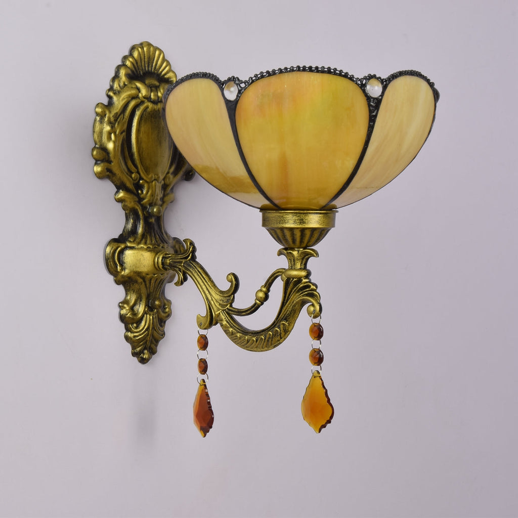 Vintage Wall Sconce in Aged Bronze and Amber Stained Glass
