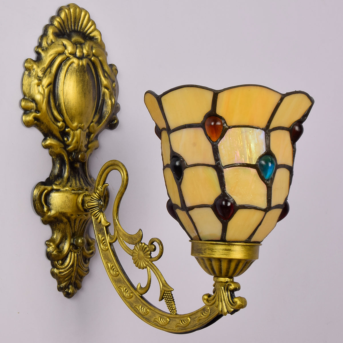 Wall Sconce in Ornate Yellow Stained Glass and Antique Bronze