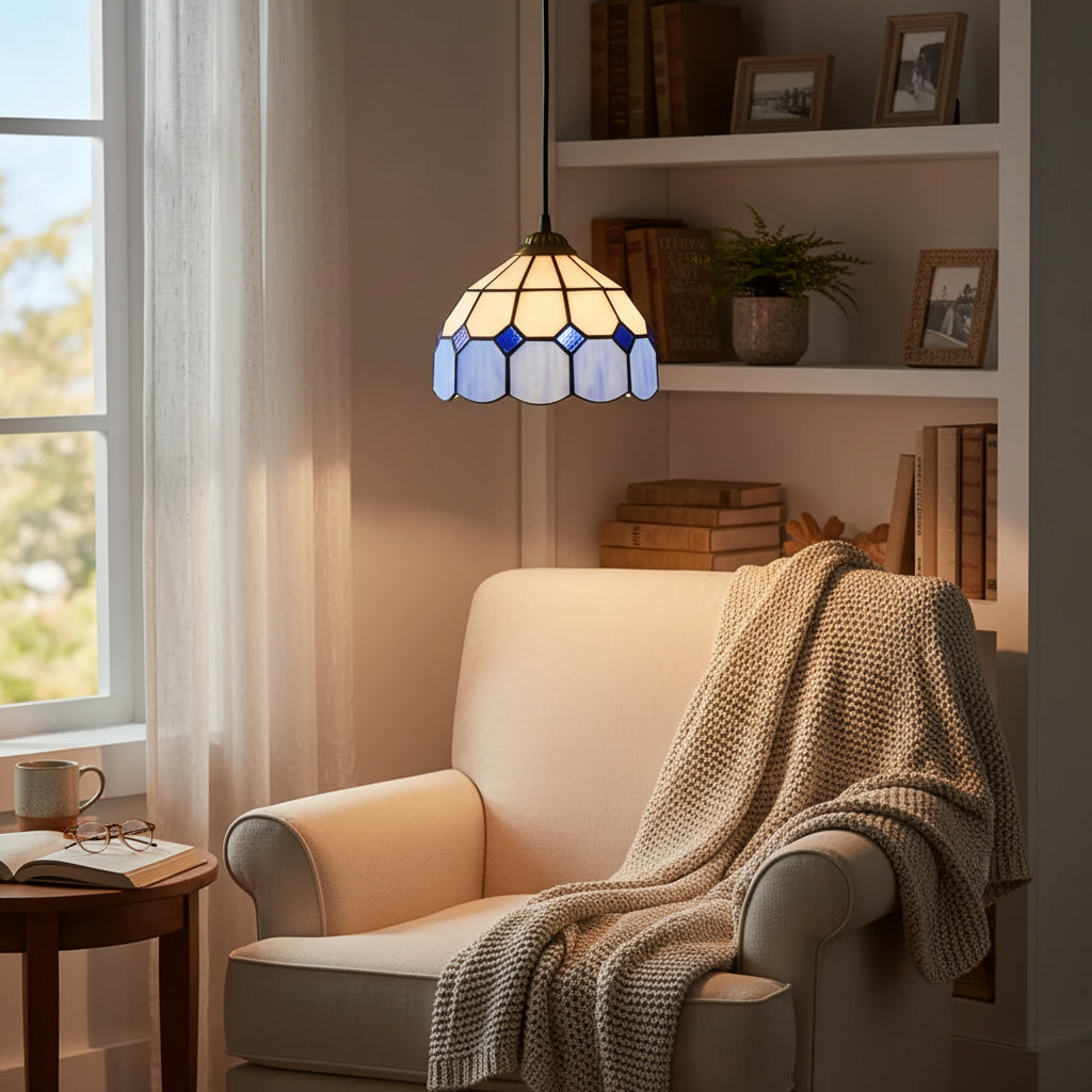 White and Blue Geometric Tiffany Pendant Light