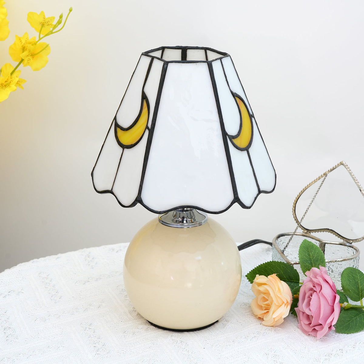 White Stained Glass Bedside Lamp with Yellow Moons