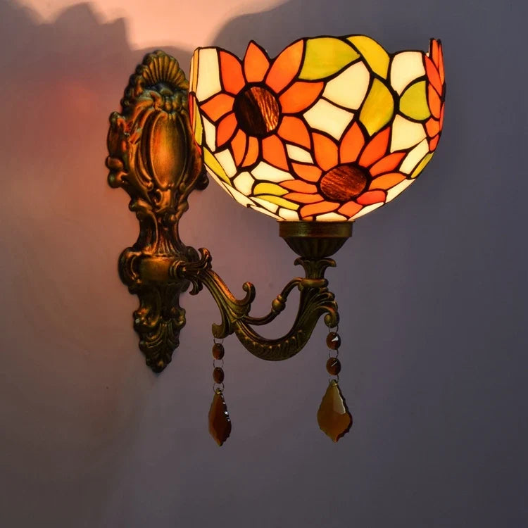 Wholesale OEM promotional wall lamp from China, vintage wall sconce with gold base, tinted glass sunflower wall lamp for indoor use