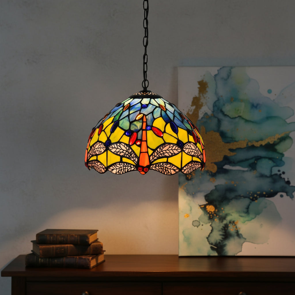 Yellow and Blue Stained Glass Tiffany Pendant Light Dragonfly