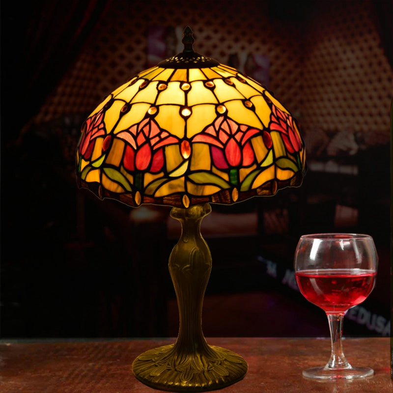 Yellow and Red Tulip Stained Glass Tiffany Table Lamp